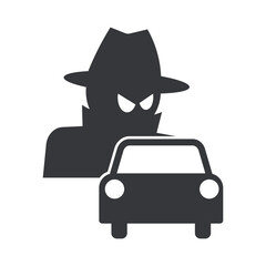 Isolated pictogram of a car with a mysterious hat-wearing intruder silhouette, symbolizing vehicle burglary risk, security alert, crime warning, and theft prevention.