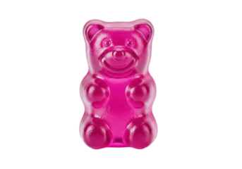 a single, miniature magenta pink gummy bear with perfect geometry and an extremely glossy, wet-look finish, captured macro on a high-key white background, concept for premium food advertisement