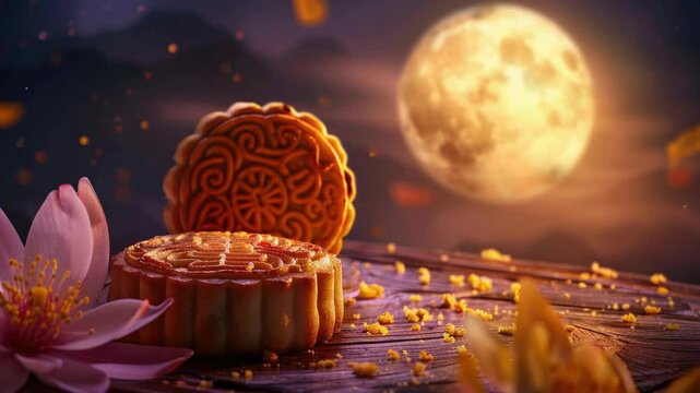 Video Two traditional Chinese mooncakes placed on a simple wooden table, ready for serving