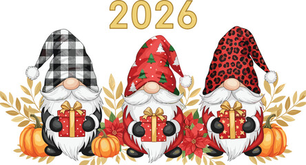 Three Festive Christmas Gnomes Celebrating 2026, Wearing Trendy Buffalo Plaid, Holiday Trees, and Leopard Print Santa Hats, Holding Presents and Surrounded by Autumn Pumpkins,