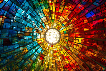 Radiant sunburst through vibrant stained glass skylight design