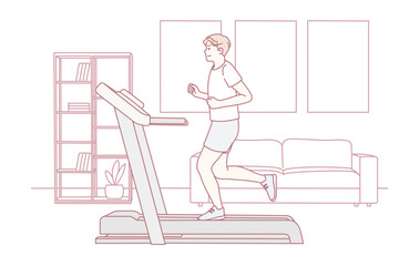 Young sportive man in sportswear running on racetrack at home. Toned motivated male do sports training indoors. Physical activity. Vector illustration.
