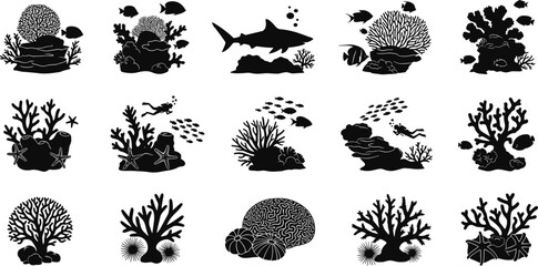 Coral reef silhouettes collection, underwater marine life icons including shark, fish, diver, starfish, sea urchin, black and white vector set. © Mst