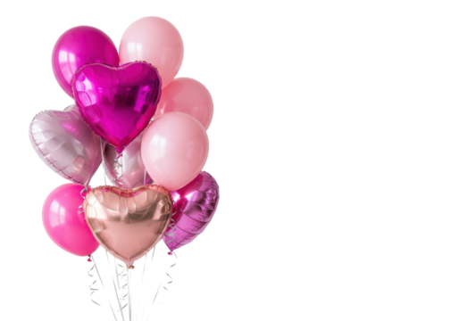 A buoyant cluster of vibrant magenta, hot pink, and rose gold mylar helium balloons with curling silver ribbons, isolated on transparent copy space, concept for a joyful celebration