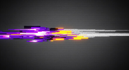 Futuristic abstract neon glitch lines moving horizontally on dark grey background, vibrant purple and yellow digital distortion effect, motion distortion