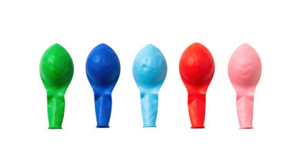 Five colorful, deflated rubber balloons, arranged flat lay style on a transparent background with ample copy space, minimalist studio photo, concept of celebration potential