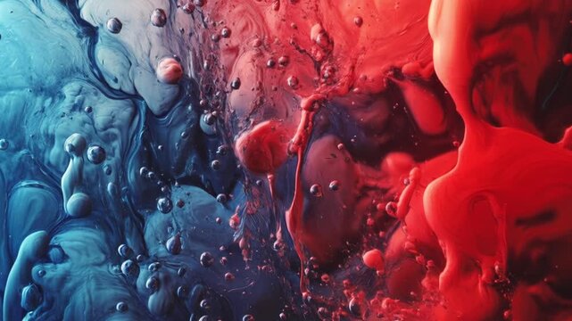 Abstract flow of red and blue liquids. A cinematic, 4K, macro animation featuring bubbles and organic patterns created using artificial intelligence