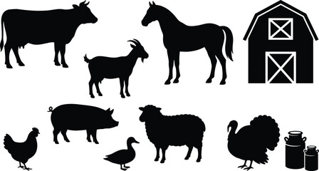 Farm animals silhouette set, livestock and poultry vector collection, black barn and cattle icons isolated on white background.