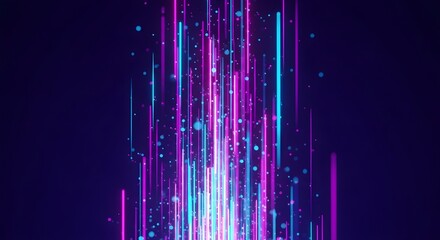 A futuristic digital abstract design featuring a cascade of vertical neon lines and scattered dots in bright colors of purple, neon pink, and electric blue. The background is deep indigo, emphasizing 