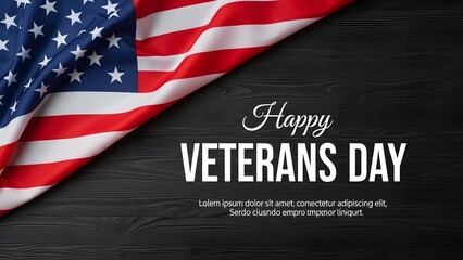 Happy Veterans Day greeting with flag on dark wood background