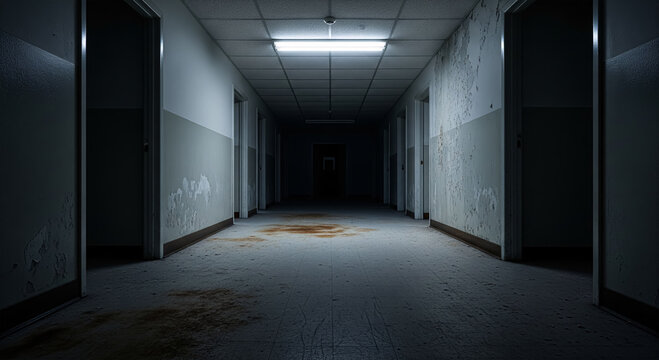 Eerie abandoned hospital corridor with peeling paint and flickering ceiling light, scary dark hallway perspective for horror and mystery concepts
- Powered by Adobe