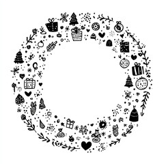  illustration of a winter attributes - christmas wreath , drawn with black lines on a clean white background, 