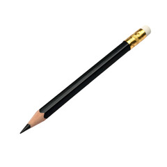 A standard, unbranded pencil with a black body, eraser, and graphite tip on black background