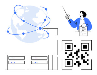 Globe with network points, QR code, human presenting document, and data servers. Ideal for technology, education, business, global connectivity data storage digital tools innovation. Simple flat