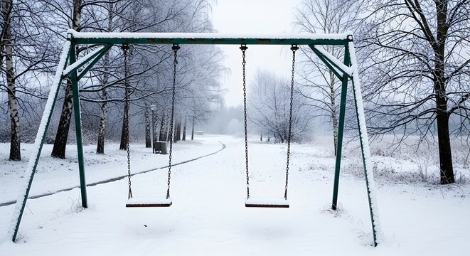 Empty swings on snowy playground in winter landscape with trees