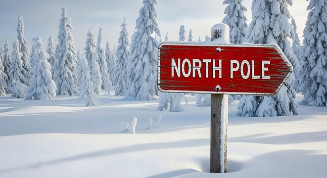 Red signpost pointing to North Pole in snowy winter landscape  