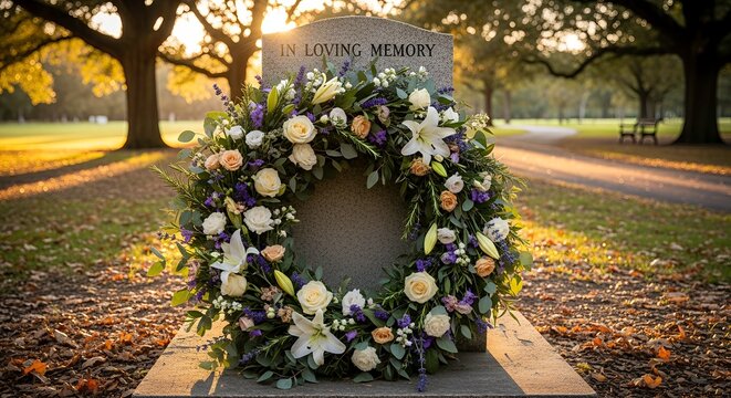 Colorful floral wreath placed on headstone in peaceful cemetery  