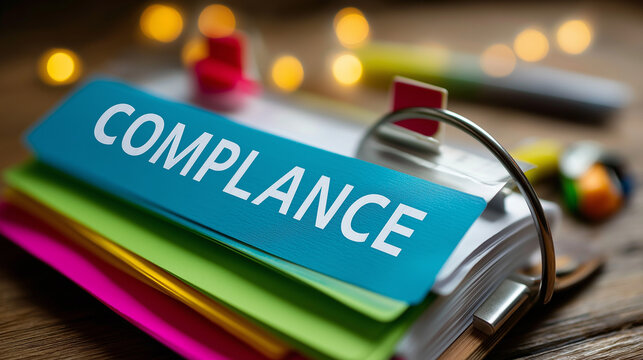 Compliance policy document in ring binder, colored tabs and index page, organized governance feel, with copy space