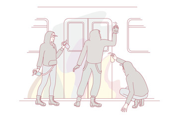 People painting subway train with graffiti. Vandals drawing subculture art with aerosol paints on train. Vandalism and sabotage concept. Vector illustration.