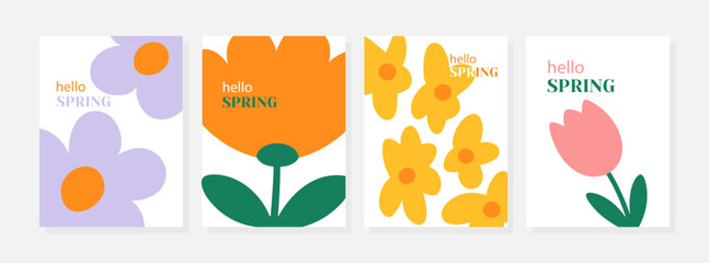 Set of vector illustrations featuring colorful spring flowers on greeting cards with "Hello Spring" text. Includes various floral designs in bright orange, pink, and purple hues.
