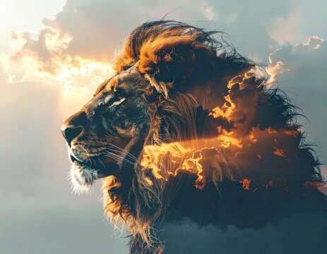 Lion against golden clouds