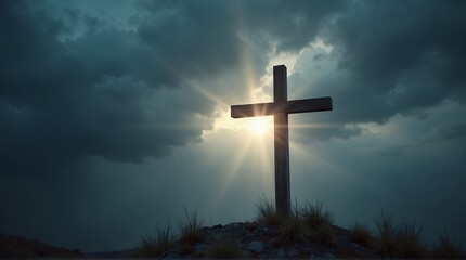 Hopeful sunlight through dark clouds illuminating a wooden cross on a hilltop, symbolizing faith and spirituality in a time of reflection and peace
