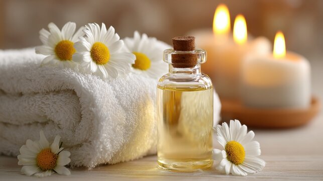 This tranquil scene showcases a bottle of essential oil beside soft towels and blooming daisies. Lit candles enhance the calming vibe perfect for relaxation or a spa experience.