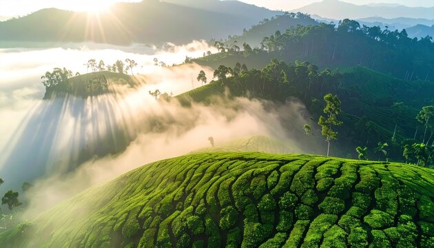 Misty sunrise over lush tea plantation