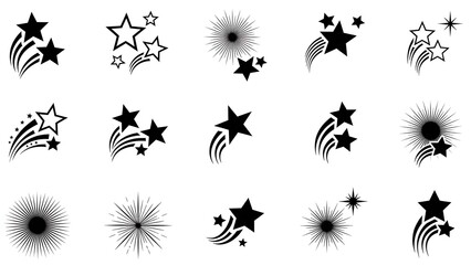 Black and white star and starburst icon set. features shooting, outlined, and shining elements for rating, awards, and celebration design.