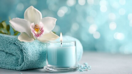 A calming spa scene features a lit blue candle beside a neatly folded towel and a beautiful orchid flower. The setting is serene promoting relaxation and comfort.