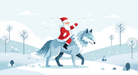 Enchanting illustration of Santa Claus riding a majestic wolf through a serene winter wonderland