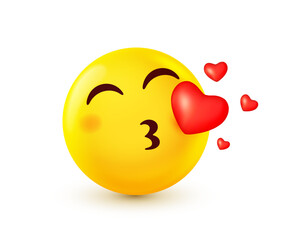 Vector illustration of enamored yellow emoji blow kiss. Happy emotion smile face in love. Funny smile character icon. 3d style design of emoticon with heart. Happy mood and facial expression