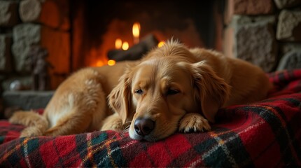 Golden retriever puppy napping peacefully on a red plaid blanket in front of a warm and cozy fireplace, embodying comfort, relaxation, and pet love