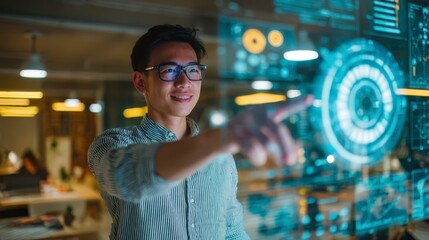 Digital Interface Interaction: A visionary individual navigates a cutting-edge digital interface, showcasing a fusion of innovation and human interaction within a dynamic technological landscape.