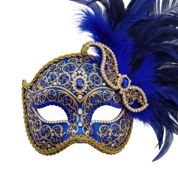 macro shot of a lavish blue venetian carnival bauta mask with gold baroque filigree and sapphire jewels, cinematic side lighting against white background, concept of festive elegance and mystery