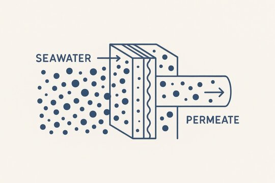 Innovative Water Filtration Process Diagram Illustrating Seawater Transformation into Freshwater Utilizing Membrane Technology and Embracing Sustainable Resource Management