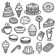 A collection of simple, black and white line art icons featuring various popular desserts and sweet treats.