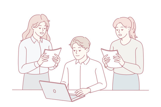 Team members discuss project details efficiently, Professionals utilize digital tools for decisionmaking tasks, Collaborative teams employing modern technology to review and plan projects effectively