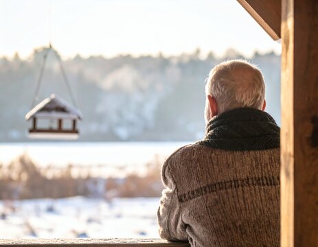 Elderly man in a warm sweater watching a serene snowy winter landscape with a bird feeder from his
