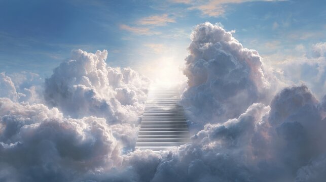 Stairs rise through soft white clouds towards a bright light in the open sky. This serene scene evokes feelings of peace hope and tranquility.