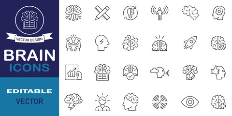 Brain icons set in line style. Outline drawing brain line clipart symbol collection. Set of 24 line icons related to brain. Editable stroke. Vector illustration.