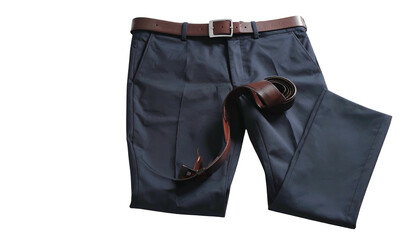 Flat-lay of folded navy slacks with brown leather belt on black