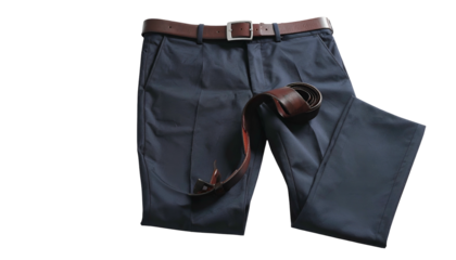 Flat-lay of folded navy slacks with brown leather belt on black