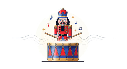 Festive nutcracker soldier illustration playing the drum with vibrant musical notes