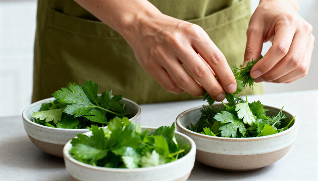 A person's hands preparing fresh green herbs in a kitchen. Cook sorting parsley and dill in rustic bowls. Healthy cooking and meal prep concept