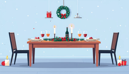 Holiday Dinner Table Scene Flat Vector Illustration