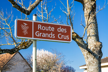 Route des Grands Crus sign in Puligny Montrachet, Bourgogne