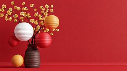 A vase with yellow and red flowers sits on a red background. The flowers are arranged in a way that creates a sense of balance and harmony. The red background adds a bold