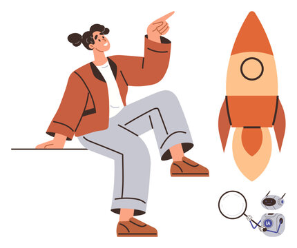 Woman sitting casually, pointing upwards, with rocket ready to launch and magnifying glass symbolizing search and discovery. Ideal for startup, exploration, innovation, curiosity, ambition, research