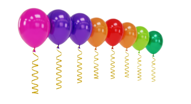 graceful arc of magenta, purple, red, orange, and green glossy metallic helium balloons with curly golden ribbons floating against a transparent studio background. joyful party atmosphere